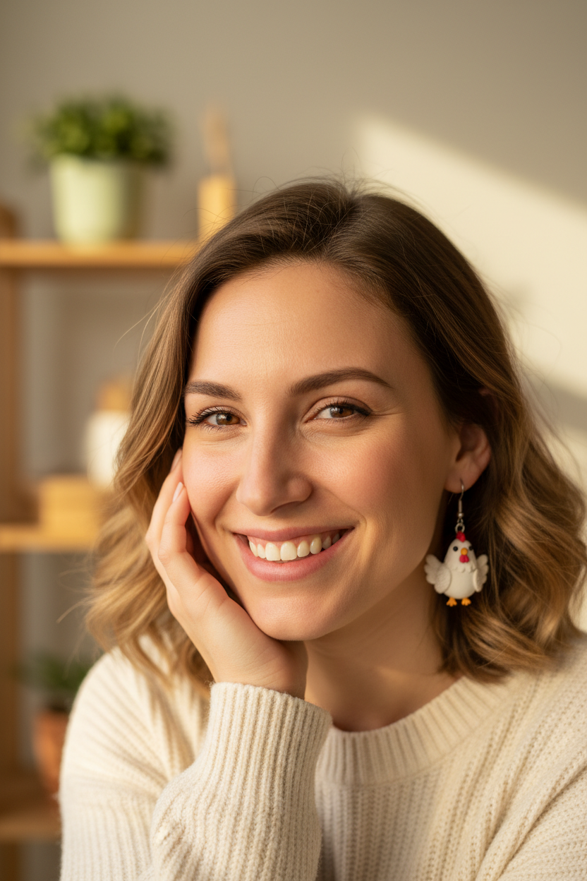 Model wearing handmade white chicken charm earrings with stainless steel hooks